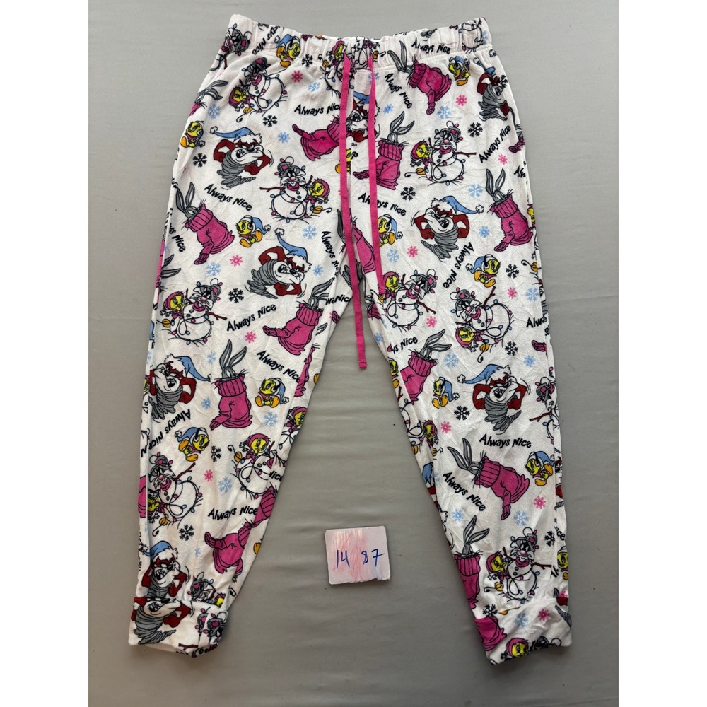 Looney Tunes Always Nice Pajama Pants Womens Large White Fleece Holiday Joggers